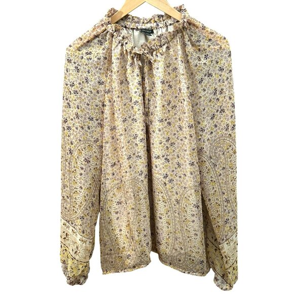 Ann Taylor Women's Microfloral Gold Print Long Sleeve Blouse XL Smocked Neck - Picture 1 of 7